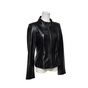 Charles Chang-Lima Jacket Womens 6 Black Leather Silk Lined Fitted Zip Collar